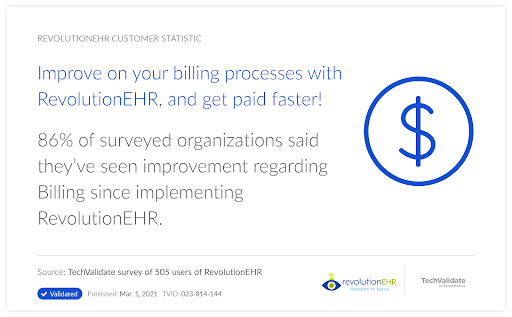 RevolutionEHR improves billing and insurance claims processing. With the system’s automated claim generation and claims submissions that use integrated clearinghouses, you cut down on administrative and billing tasks that take time away from patients.