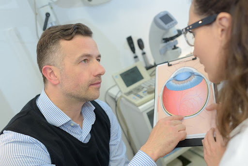 patient and doctor looking at an eye diagram