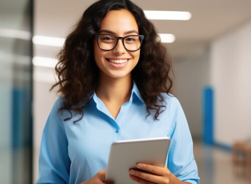 smiling woman with glasses holding a tablet